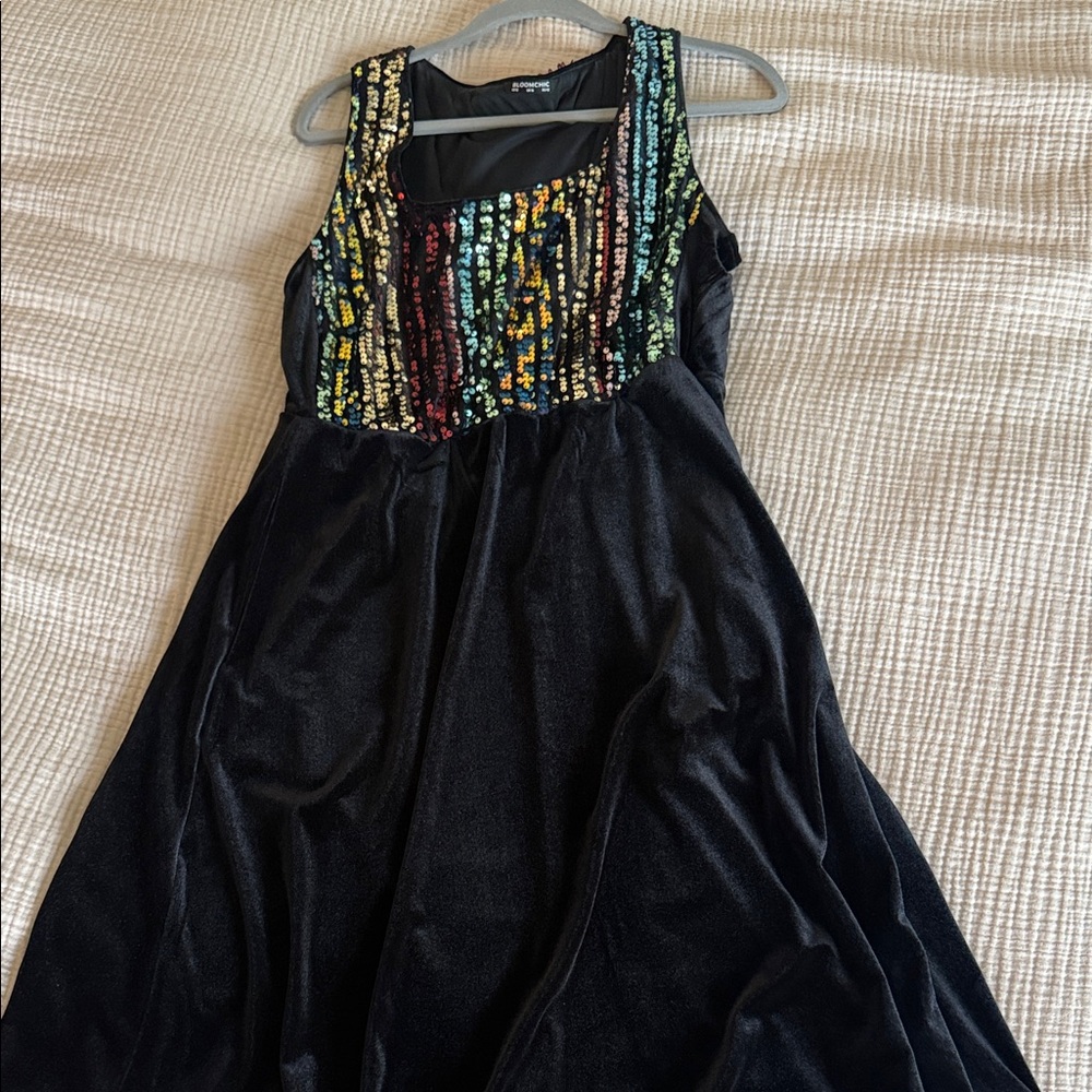 BloomChic Black Velvet Midi Dress with Multicolor Sequin Bodice